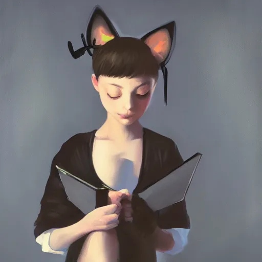 Prompt: girl writing on a blackboard, cat ears, expressive oil painting, trending on artstation, digital art, beautiful lighting, detailed