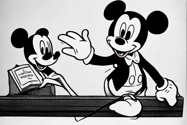 Prompt: courtroom sketch of vintage disney character mickey mouse presenting evidence of copyright infringement to the judge