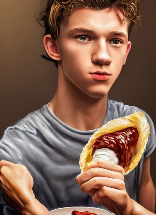 Prompt: a full head photoshot, detailed photograph of skinny young tom holland eating a cannoli, elegant, photorealism ultradetailed digital art, irina french, heraldo ortega, mandy jurgens, golden ratio, art canvas, award winning, masterpiece trending on artstation 8 k 1 5 0 mpx, hasselblade wide shot