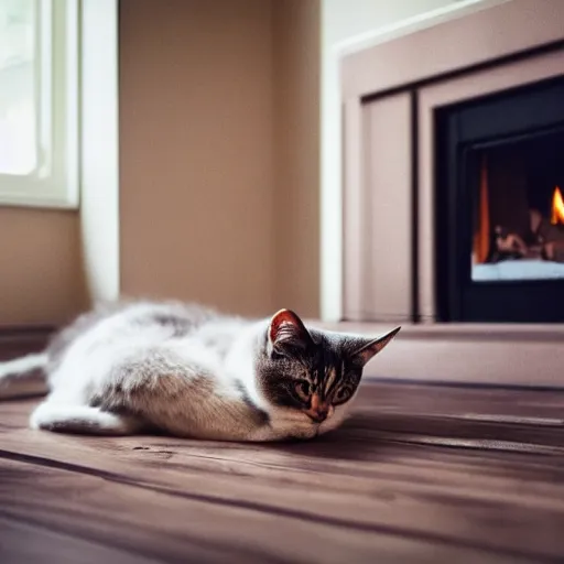 Prompt: album cover of sad cat lying down in front of fireplace