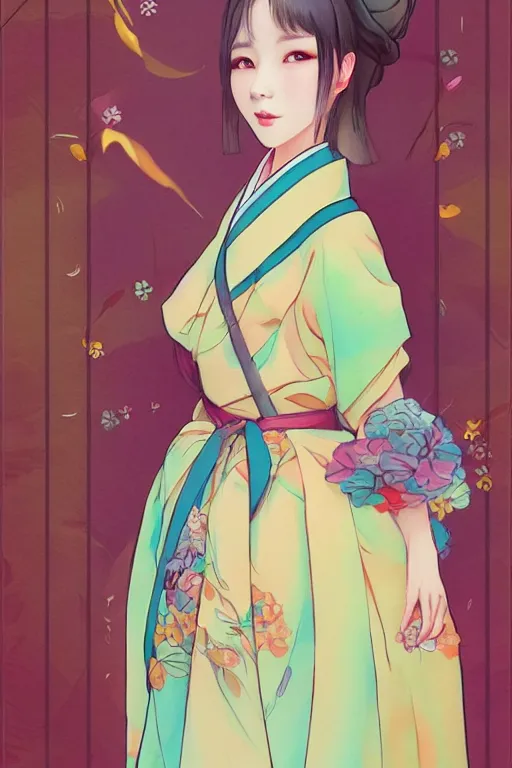 Prompt: pretty korean woman wearing beatiful hanbok, face by artgerm, bright pastel colors, studio ghibli painterly style, trending on artstation, tarot card