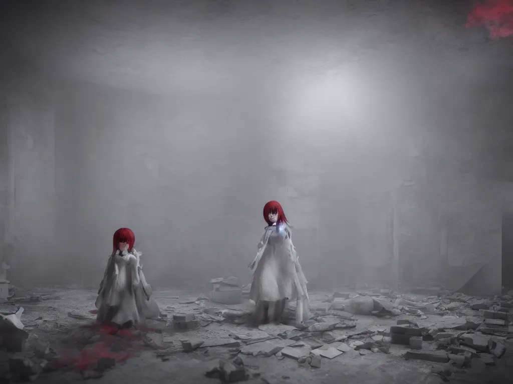 Image similar to cute fumo plush girl ghost in a mysterious concrete wartorn brutalist ruin, chibi gothic wraith maiden of the afterlife, dramatic three point lighting, glowing wisps of hazy smoke and volumetric fog swirling about an ominous red glow, production volume rendering, vray