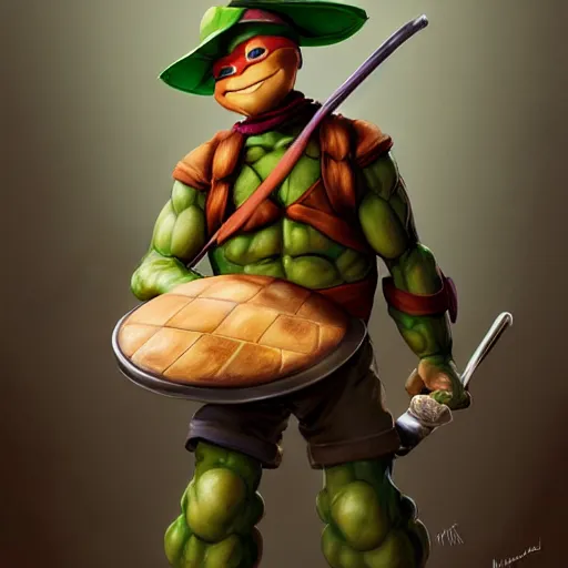 Prompt: teenage mutant ninja turtle michaelangelo holding frying pan full of doornails, wearing white chef hat, digital painting by krenz cushart, ilya kuvshinov, victo ngai, thomas kinkade. highly detailed, award winning, artstation