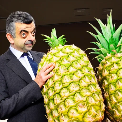 Image similar to rowan atkinson as mr. beans stealing a pineapple from target store, johnny english, focused face, realistic photo, uhd