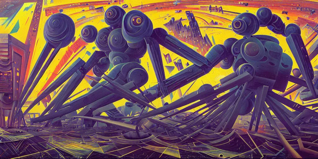 Prompt: Dynamism of a giant robot by Simon Stålenhag and Umberto Boccioni, oil on canvas