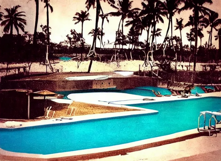 Prompt: pool at the beach without people. nostalgic. 6 0 s styled art