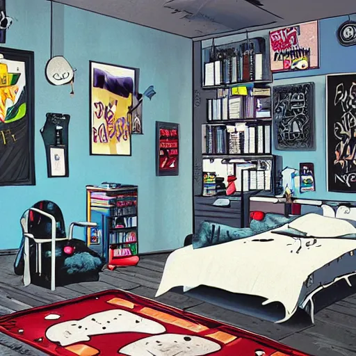 Prompt: a teenage boy's gloomy bedroom, 9 0 s, super detail, realistic, computer, trending on artstation