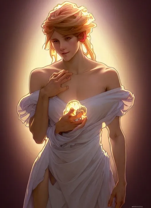 Image similar to digital character concept art by artgerm and greg rutkowski and alphonse mucha. clear portrait of a modern young wife blessed by god to unstoppably grow more perfect and fertile!! blonde, in clothes! feminine well - formed holy body!! light effect. hyper detailed, glowing lights!! intricate, elegant, digital painting, artstation, smooth, sharp focus