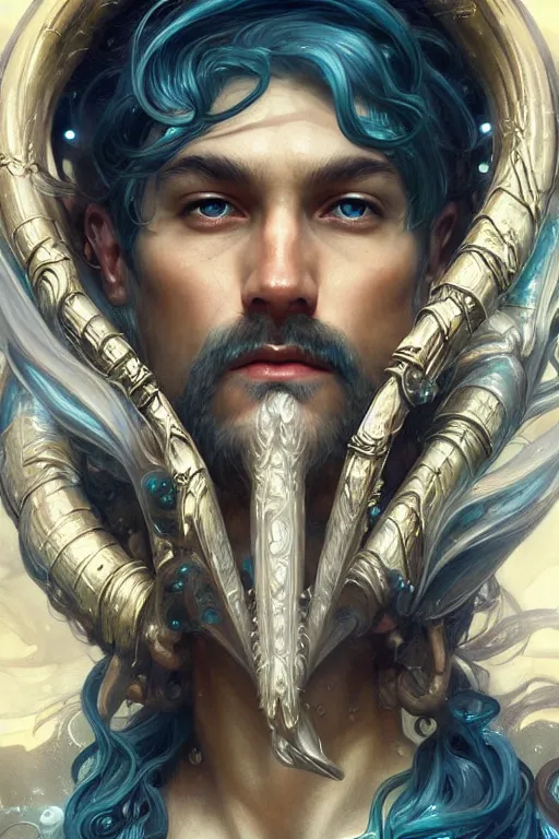 Prompt: !dream portrait Poseidon god of sea, sci-fi, fantasy, intricate, very very beautiful, elegant, highly detailed, digital painting, artstation, concept art, smooth, sharp focus, illustration, art by artgerm and greg rutkowski and alphonse mucha