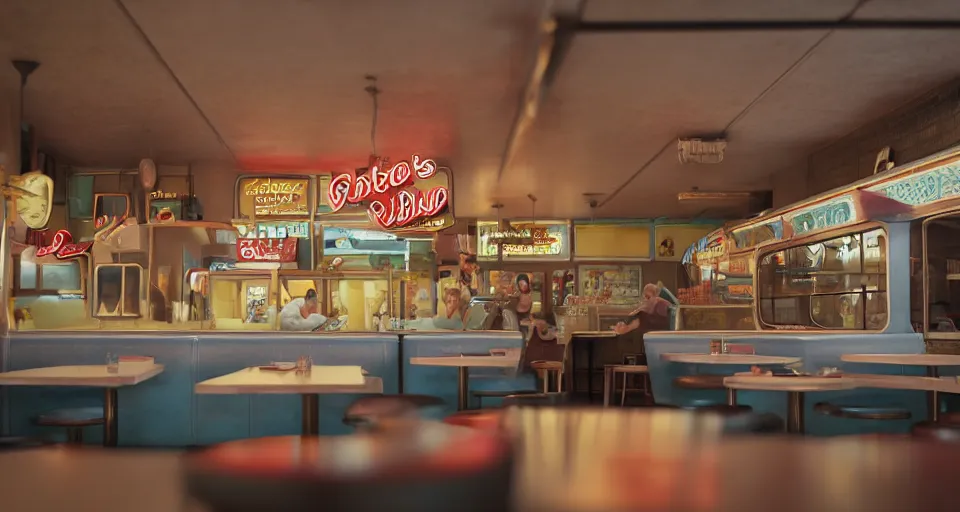 Prompt: closeup profile portrait of a 1 9 5 0 s diner, depth of field, detailed and intricate environment, golden hour, 8 k resolution, hyperrealistic, octane render