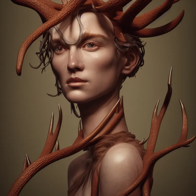 Image similar to portrait ms with ribbed body, covered with twisted ribbed crooked antlers, baroque portrait by rutkowsky and charles vess and james jean and erik jones and rhads, 3 d octane render, beautiful fine face features, intricate high details, sharp, ultradetailed, artistic photography