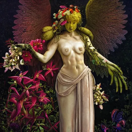 Prompt: beautiful fantasy painting of the garden angel by arcimboldo and Michael Whelan, cinematic lighting, artstation