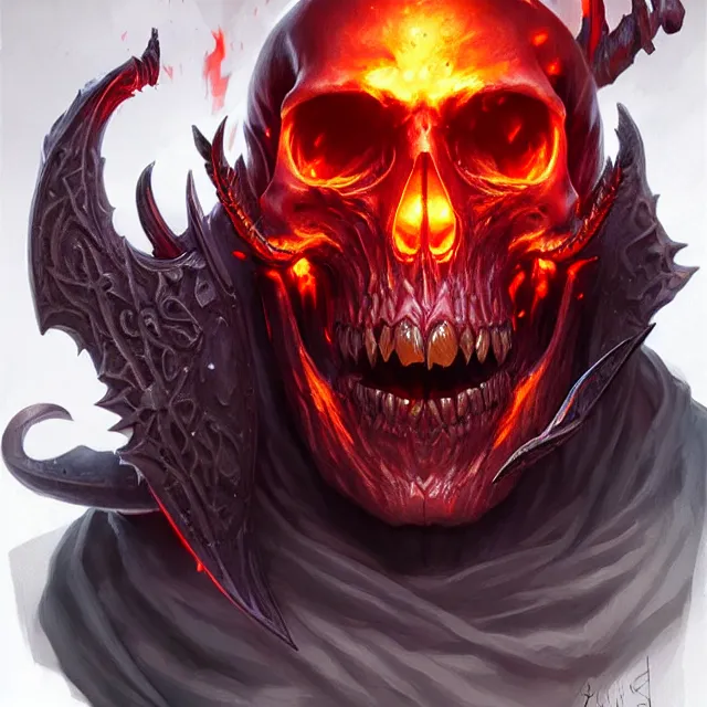 Prompt: evil flaming skull, d & d, fantasy, portrait, highly detailed, headshot, digital painting, trending on artstation, concept art, sharp focus, illustration, art by artgerm and greg rutkowski and magali villeneuve