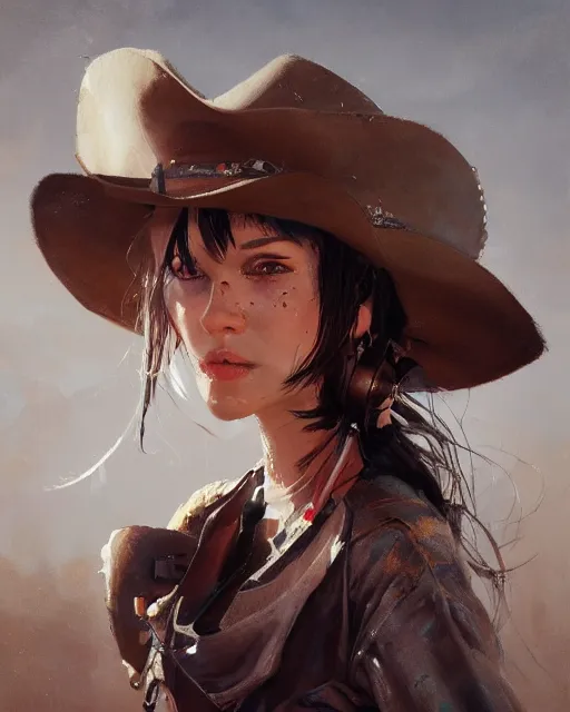 Prompt: a highly detailed oil painting of A cowgirls, in professional makeup, with medium length hair covering an eye, portrait, cinematic lighting, dramatic atmosphere, by Dustin Nguyen, Akihiko Yoshida, Greg Tocchini, Greg Rutkowski, Cliff Chiang, 4k resolution, trending on artstation