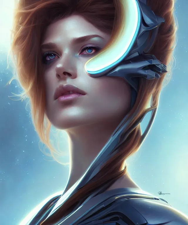 Image similar to futuristic woman portrait, sci-fi, amber eyes, face, long hair, fantasy, intricate, elegant, highly detailed, digital painting, artstation, concept art, smooth, sharp focus, illustration, art by artgerm and greg rutkowski and alphonse mucha