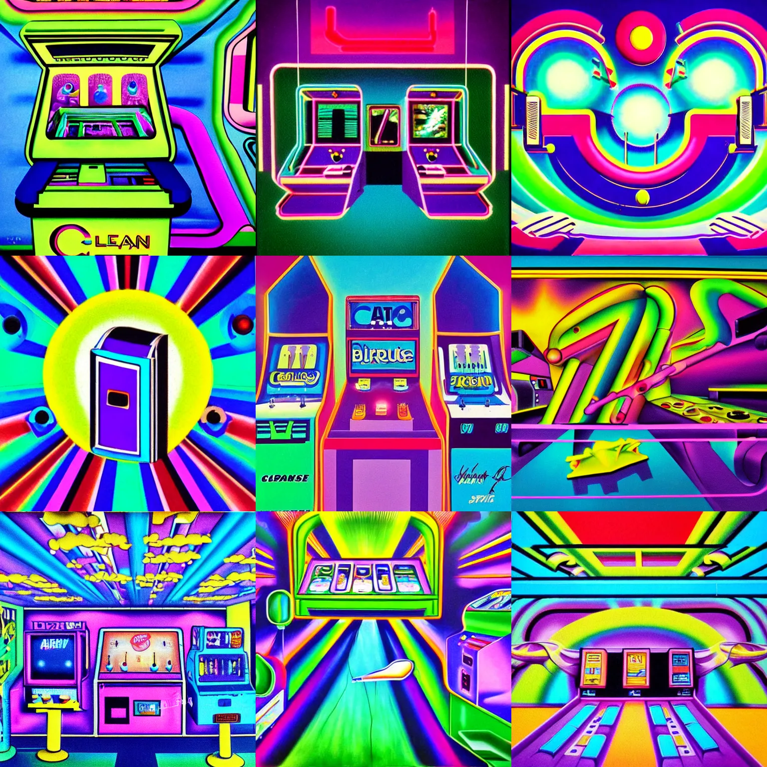 Prompt: clean 1980s airbrush art a surreal arcade filled with colorful objects and shapes, green blue and purple color scheme