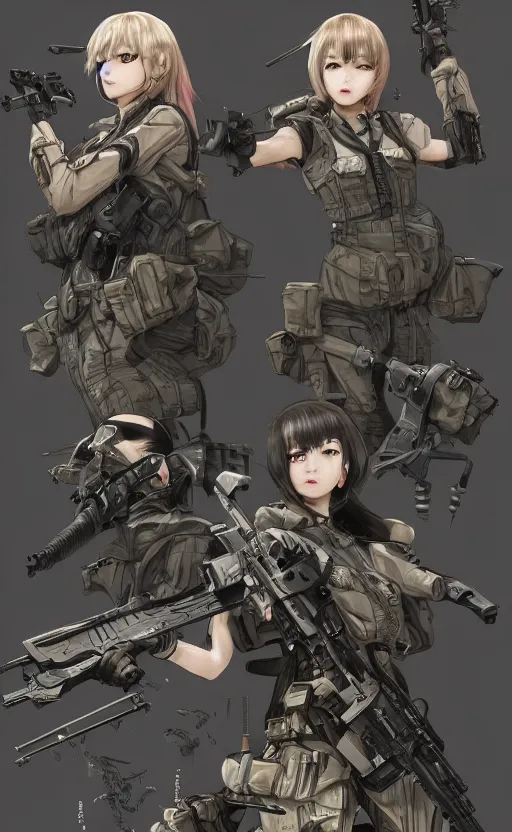 Prompt: highly detailed, high resolution, character design art, stunning, volumetric lightning, realistic guns, girls frontline style, matte, sharp focus, intricate, 150mm, illustration, artstation, by akio watanabe, realistic human anatomy, simple design, realistic military gear, metal gear style