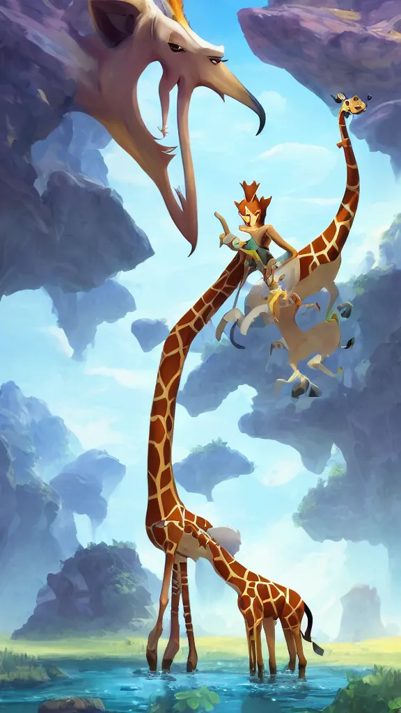 Prompt: Miss girafe in Dofus fanart in pokemon world Hero epic legend fantasy , by Stanley Artgerm Lau, WLOP, Rossdraws, James Jean, Andrei Riabovitchev, Marc Simonetti, Yoshitaka Amano, ArtStation, CGSociety,