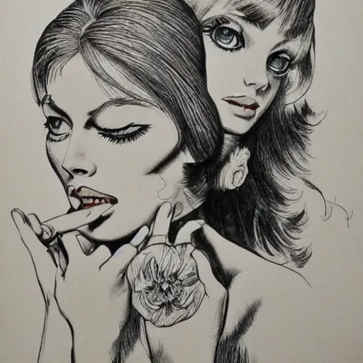 Prompt: 1 9 6 0 s drawing symmetrical pretty elegant brigitte bardot as a vampire with alain delon, very detailed intricate intaglio, style of takato yamamoto!!! lots of flowers