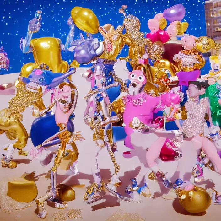 Image similar to jeff koons hip hop bauhaus style street sharks sailor moon wearing diamond grillz and a ton of bussdown iced gold bling in wallace & gromit strata - cut claymation, ultra realistic, concept art, intricate details, serious, highly detailed, photorealistic, octane render, 8 k, unreal engine, art by artgerm