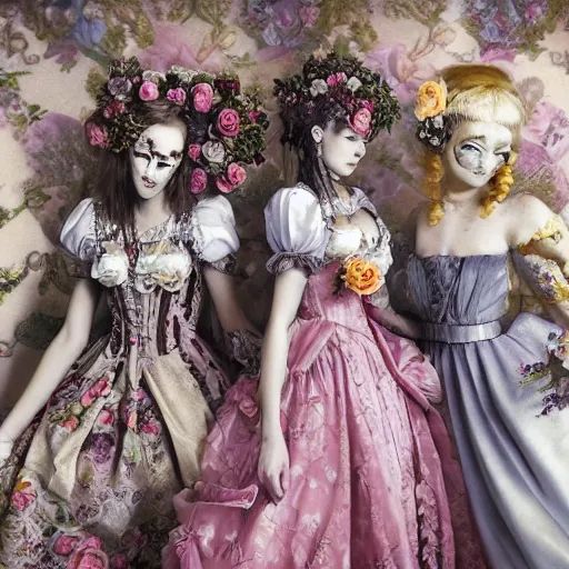 Prompt: 8k, realism, octane render, renaissance, rococo, baroque, group of creepy young ladies wearing long harajuku manga dress with flowers and skulls, background chaotic flowers