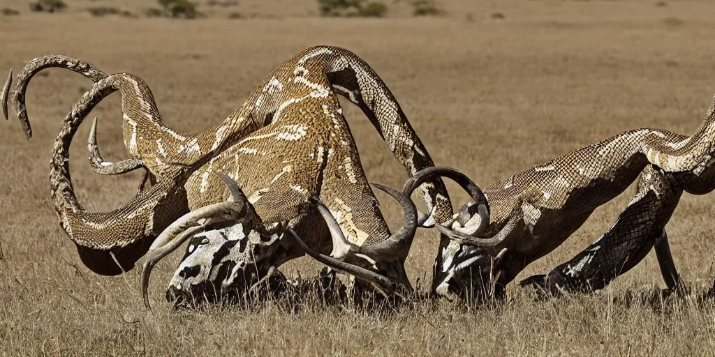 Prompt: reticulated python wresting a longhorn bull in the plains of new mexico