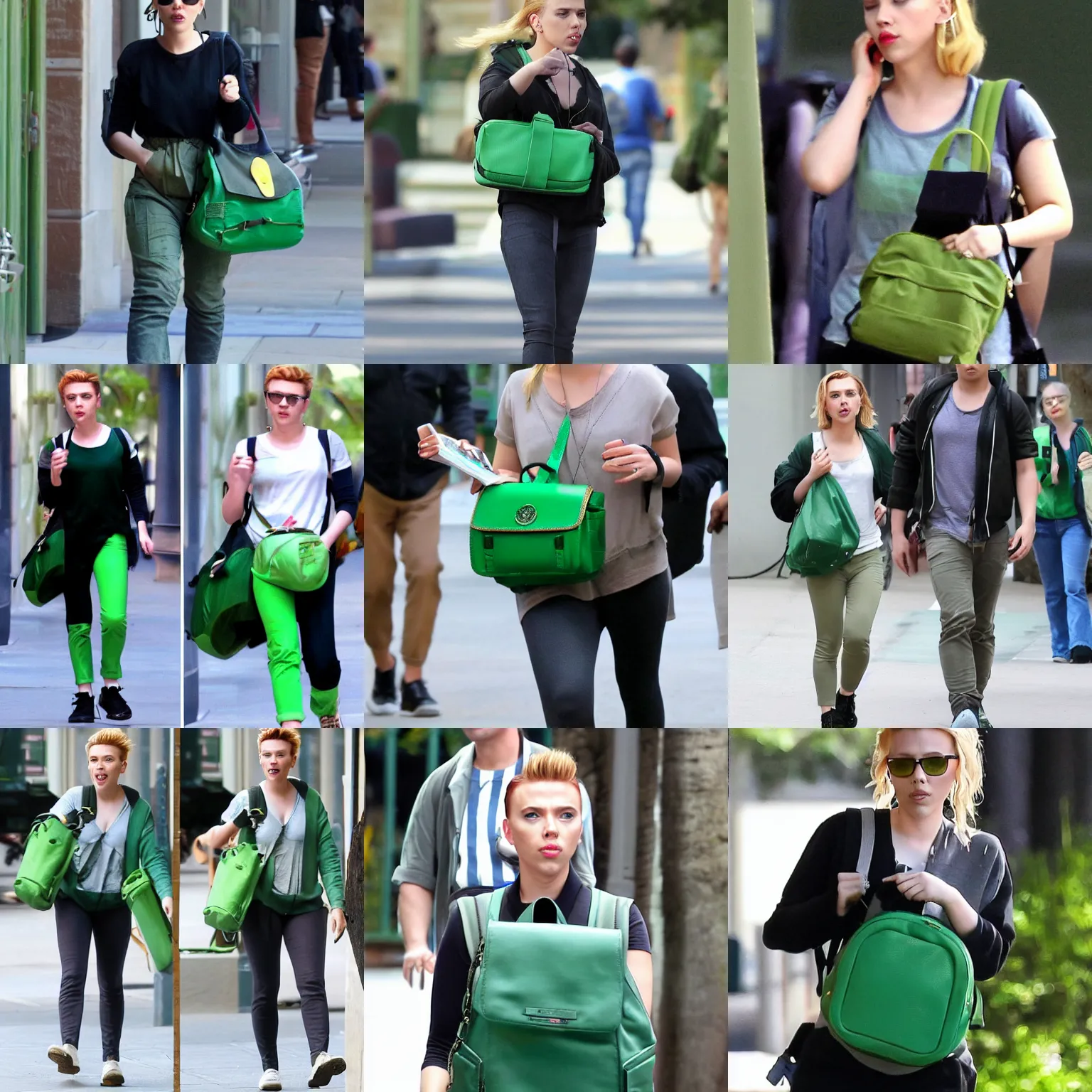 Prompt: scarlett johansson wearing a cute little green backpack