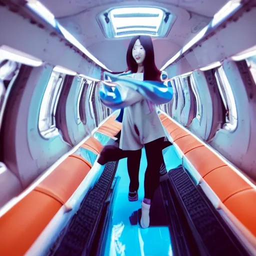 Image similar to a korean woman with long black hair and grey / black futuristic metallic clothing floating in zero - gravity in a spaceship with a white and blue futuristic interior. orange lighting, kodak film grain, expired film