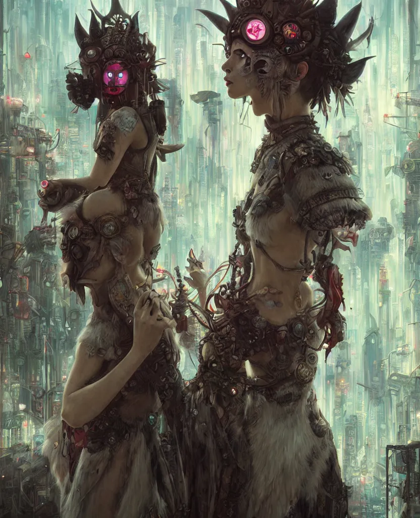 Image similar to hyper realistic Princess Mononoke, spooky mask, busy cyberpunk metropolis, city landscape, jewels, style of tom bagshaw, mucha, james gurney, norman rockwell, denoised, sharp