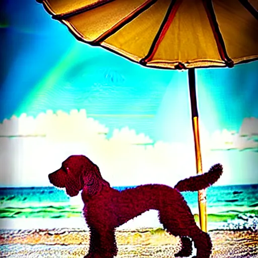 Prompt: cute brown spaniel by the seaside, parasols, bright towels, Coco Dávez style