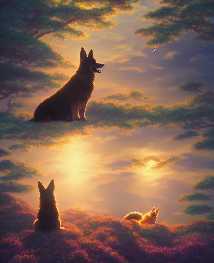 Prompt: beautiful painting from the anime film by studio ghibli, German Shepherd, golden hour, backlit, 8k octane 3D render, redwood forest and mystical ocean, fur, japanese popsurrealism by murakami