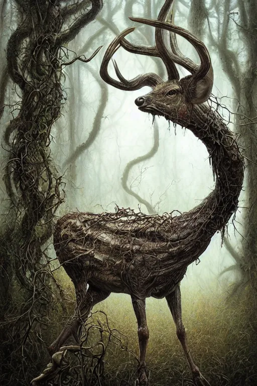 Image similar to deformed swamp deer twisted in vines and sludge by tomasz alen kopera.