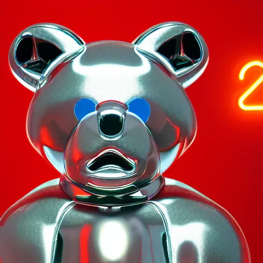 Image similar to chrome bear, glossy, metallic, neon, symmetrical, tribal patterns, realistic, unreal engine, octane, redshift, artstation, behance