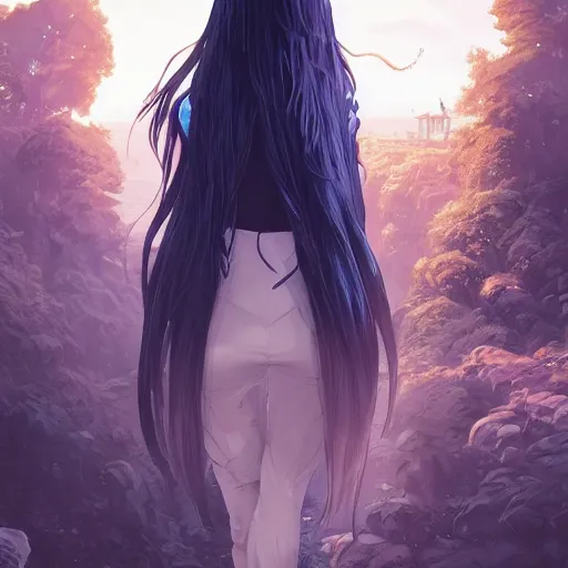 Image similar to low - angle shot from behind of a long blue - haired girl in a tailcoat overlooking demacia, noir, screenshot, sharp focus, intricate, illustration, cell shaded, digital painting, highly detailed, straight hair, art by ilya kuvshinov, wlop, greg rutkowski, studio quality, james jean