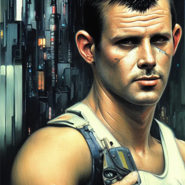 Image similar to excellent painted portrait of a replicant construction worker from blade runner (1982), cyberpunk blade runner art, character artwork, 8k resolution artwork, trending on artstation, detailed oil painting portrait, art by artgerm and greg rutkowski and alphonse mucha and craig mullins and James Jean and Andrei Riabovitchev and Marc Simonetti and peter mohrbacher, matte painting