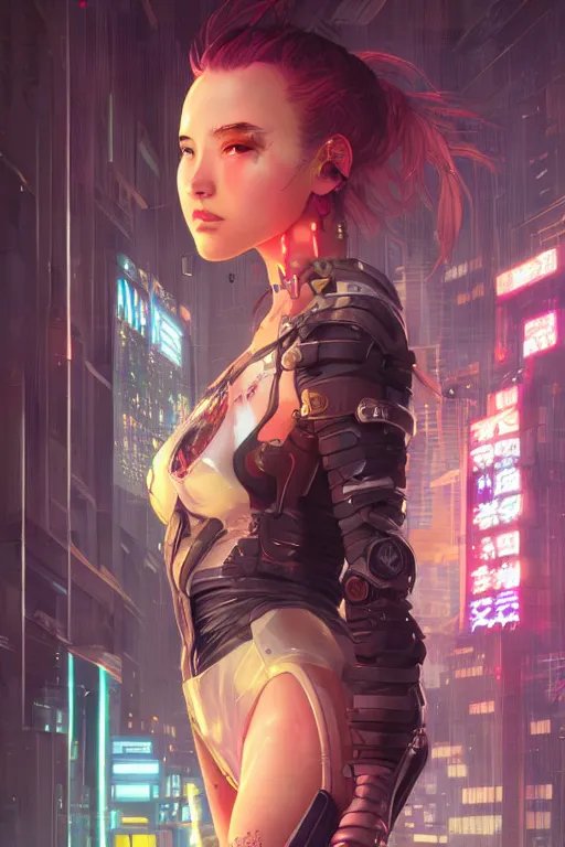 Image similar to portrait futuristic Ninja Girl, in future cyberpunk tokyo rooftop , ssci-fi, fantasy, intricate, very very beautiful, elegant, neon light, highly detailed, digital painting, artstation, concept art, smooth, sharp focus, illustration, art by WLOP and tian zi and alphonse mucha