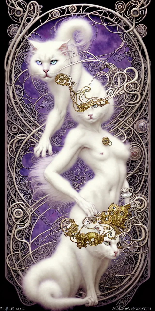 Image similar to beautiful white fluffy cat art nouveau fantasy character portrait, ultra realistic, intricate details, the fifth element artifacts, highly detailed by peter mohrbacher, hajime sorayama, wayne barlowe, boris vallejo, aaron horkey, gaston bussiere, craig mullins alphonse mucha, art nouveau curves swirls and spirals, flowers pearls beads crystals jewelry goldchains scattered