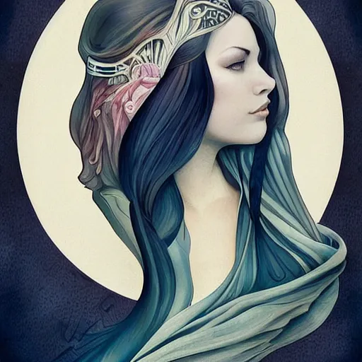 Prompt: an art nouveau, ( streamline moderne ), multi - racial portrait in the style of anna dittmann and charlie bowater and loish. very large, clear, expressive, and intelligent eyes. symmetrical, centered, ultrasharp focus, dramatic lighting, photorealistic digital matte painting, intricate ultra detailed background.