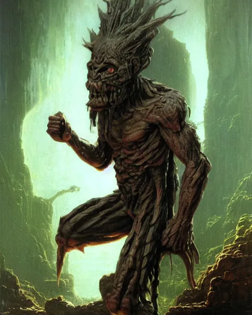 Image similar to A hobgoblin. He has a very menacing expression. he is standing in a cave. Award winning oil painting by Thomas Cole and Wayne Barlowe. Highly detailed