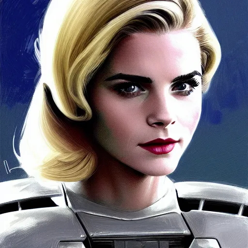 Prompt: A combination of Grace Kelly's and Emma Watson's and Ashley Greene's appearances with blonde hair wearing Master Chief's armor, full body portrait, futuristic, dramatic, fantasy, intricate, elegant, highly detailed, digital painting, artstation, concept art, matte, sharp focus, illustration, art by Donato Giancola and James Gurney