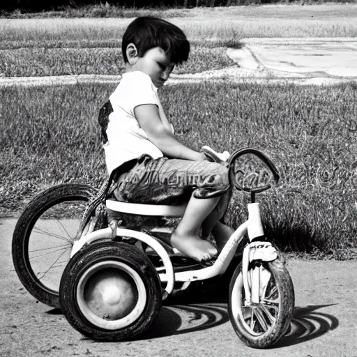 Image similar to a tricycle carrying watermelon, the boy fell asleep in the car, summer