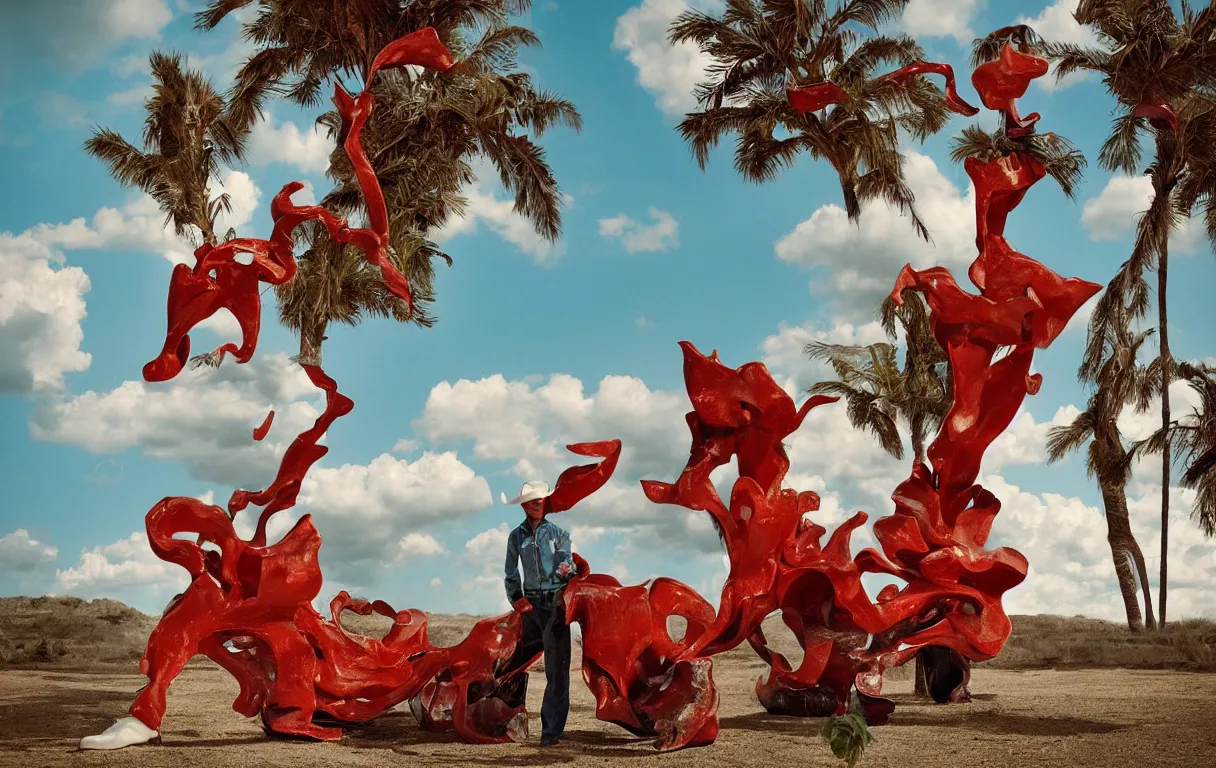 Image similar to a cowboy turning into blooms by slim aarons, by zhang kechun, by lynda benglis. tropical sea slugs, angular sharp tractor tires. complementary colors. warm soft volumetric dramatic light. national geographic. 8 k, rendered in octane, smooth gradients. sculpture by antonio canova. red accents.