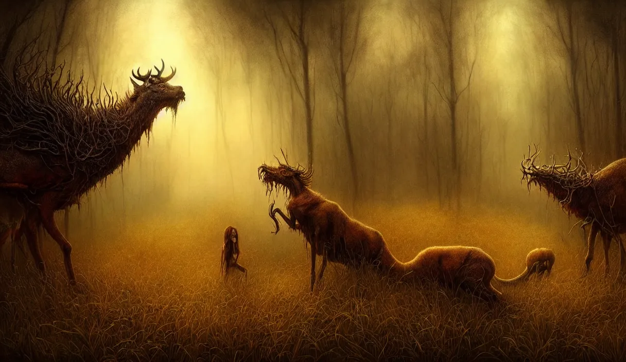 Image similar to epic professional digital art of hungry eyes, ambient golden light, painted, mysterious, cinematic prairie terrifying animals scene, eerie, mythic, detailed, intricate, grand, leesha hannigan, wayne haag, reyna rochin, ignacio fernandez rios, mark ryden, van herpen, artstation, cgsociety, epic, stunning, gorgeous, wow wow detail