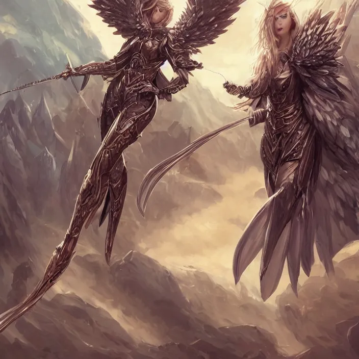 Image similar to A female angel with a shinny armour and Big Wings ,D&D, fantasy, highly detailed, digital art, artstation, smooth, sharp focus, fantasy illustration, art by Peter Tang and artgem and Alina Ivanchenko and Hirokazu Yokohara and Kago Shintaro