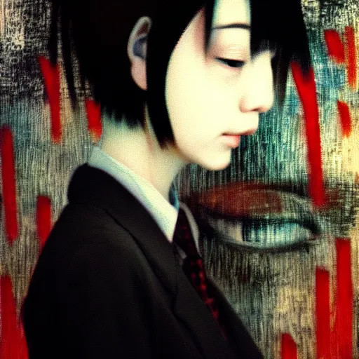 Image similar to yoshitaka amano blurred and dreamy realistic three quarter angle portrait of a young woman with short hair and black eyes wearing office suit with tie, junji ito abstract patterns in the background, satoshi kon anime, noisy film grain effect, highly detailed, renaissance oil painting, weird portrait angle, blurred lost edges