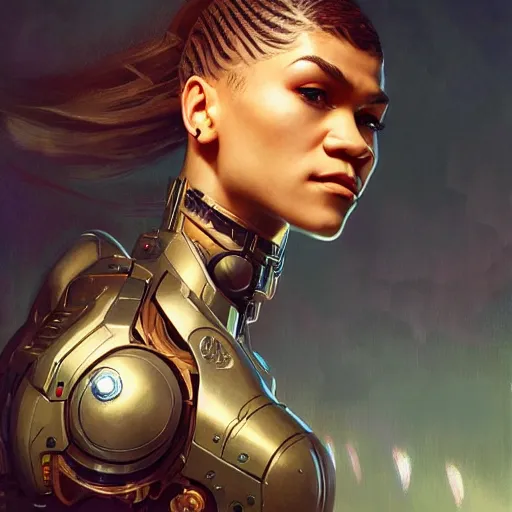 Image similar to cyborg zendaya profile picture by Greg Rutkowski, dynamic pose, intricate, futuristic, fantasy, elegant, by Stanley Artgerm Lau, greg rutkowski, thomas kindkade, alphonse mucha, loish, norman Rockwell,