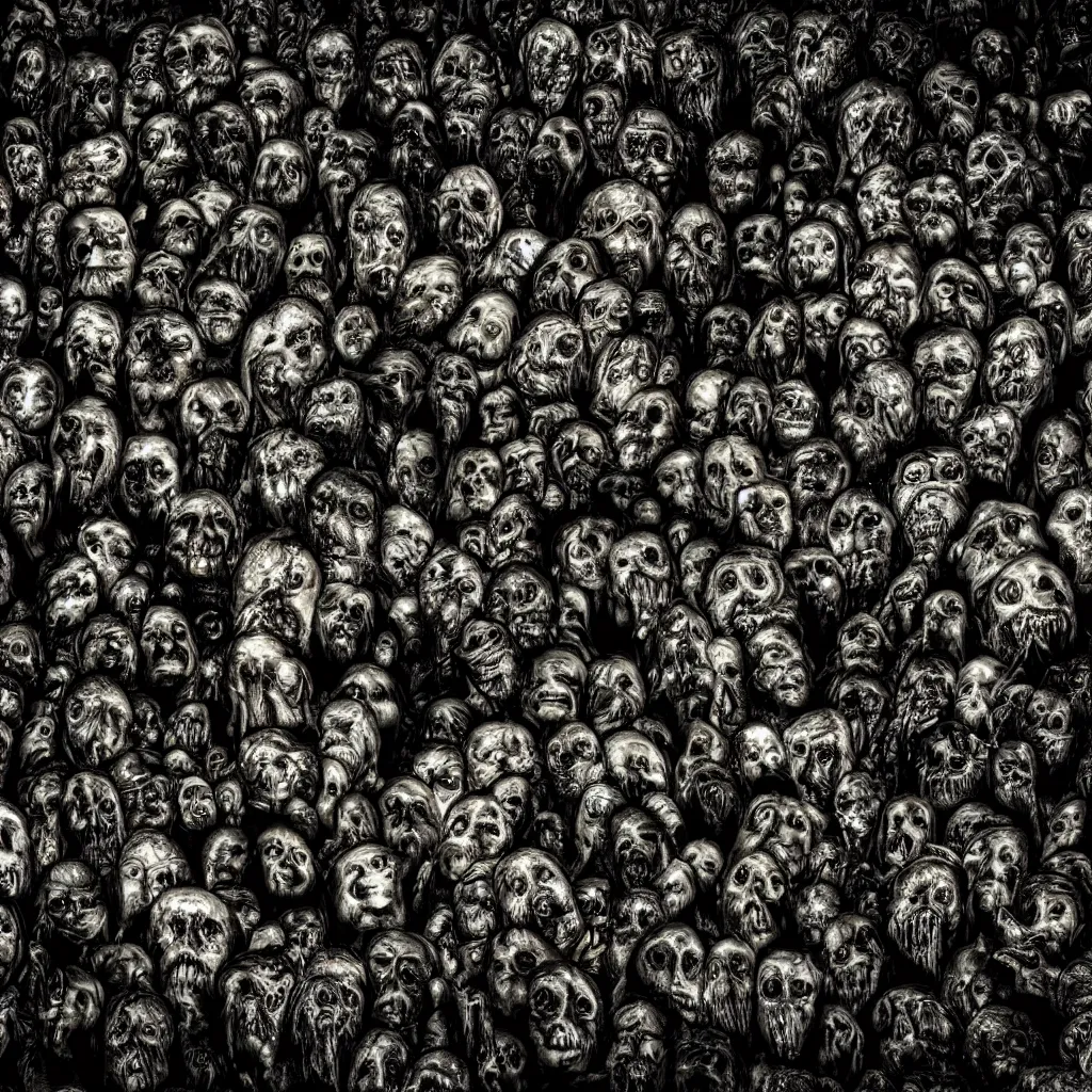 Image similar to a huge monster from dark oily gelatinous substance, with hundreds of faces just below the surface, covered in human eyes, ominous, dark lighting, barely visible from the shadows, ultrarealistic, 4 k photo, leica