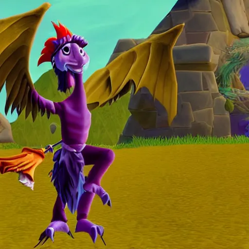 Image similar to screenshot of a humanoid anthropomorphic gryphon bard with a feather in its cap as an enemy in spyro the dragon video game, with playstation 1 graphics, activision blizzard, upscaled to high resolution