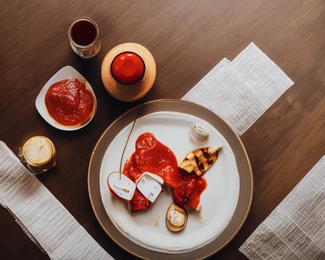 Prompt: 8 5 mm food photography of a plate of grilled airpods and ketchup at a restaurant with dof and bokeh and wine glasses o