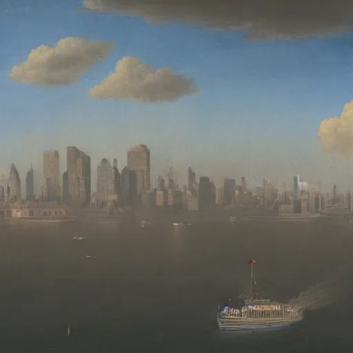 Image similar to a steamship suspended above a city skyline